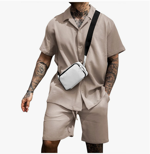 Casual Style Men's Solid Color Casual Turndown Short Sleeve Loose Men's Sets