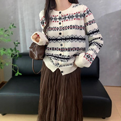 秋冬新款复古提花费尔岛毛衣开衫女慵懒气质针织长袖上衣少女甜美