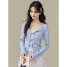 蕾丝拼接绑带长袖T恤女2025秋季新款假两件修身韩系甜欲针织上衣