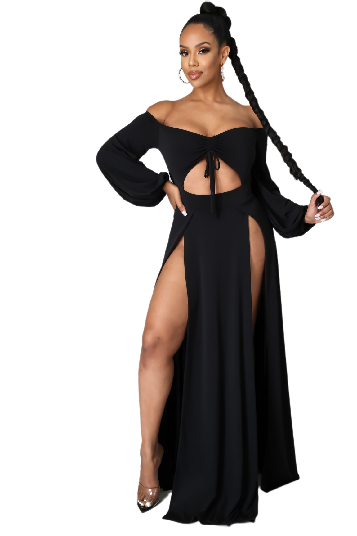 Solid Color Off-Shoulder Hollow Long Sleeve Slit Dress NSMRF116540