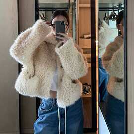韩国东大门ins冬季韩系翻领口袋保暖显瘦仿皮草毛毛绒厚实短外套