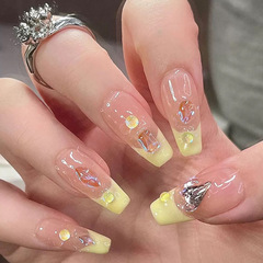 X254假指甲片可拆卸美甲貼片奶黃法式泡泡珠手工穿戴甲可拆卸成品