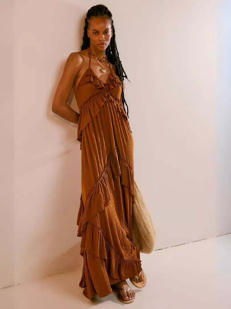 Ropa de mujer europea y americana 2024 verano nuevo estilo color sólido sexy tirantes con cuello en V sin espalda vestido largo mujeres comercio exterior al por mayor image 5
