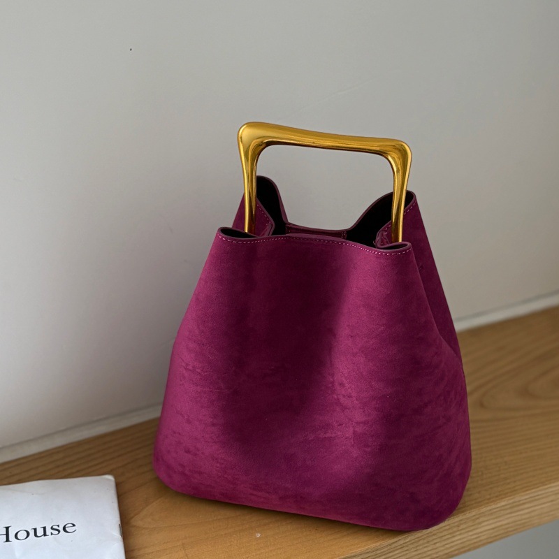 Rosarote Wildleder-Beuteltasche, lässig-schlicht, leicht luxuriös, mit Metallgriff, Damenhandtasche_voghion.com