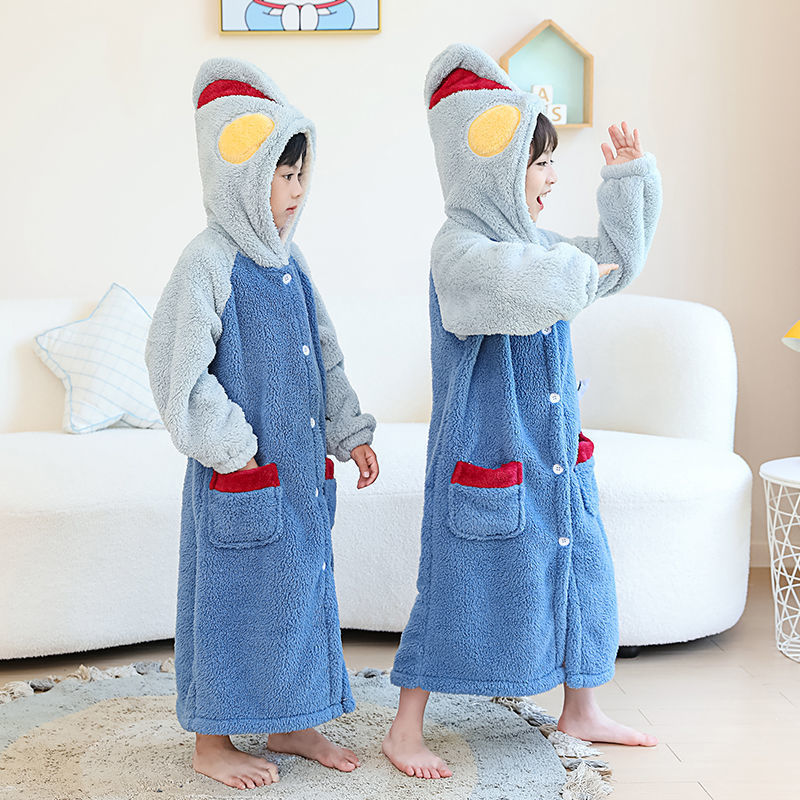 YXP 가을과 겨울 어린이 잠옷 산호 양털 두꺼운 긴 목욕 잠옷 킥 방지 양털