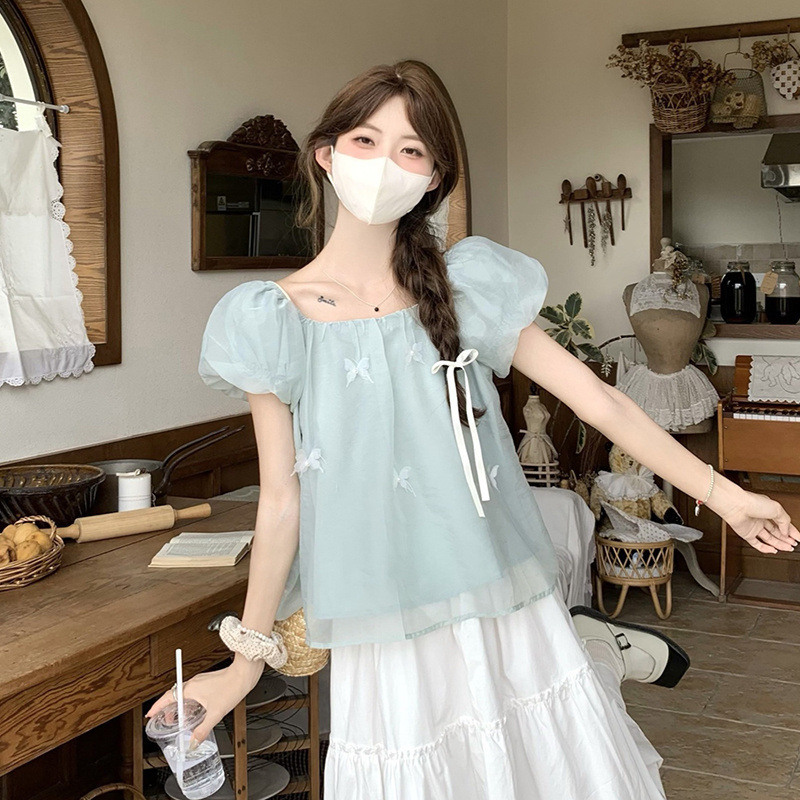女性用ホワイトパフスリーブシフォントップ、夏用フレンチベビードールシャツ、ショートウエストシャツ、痩身・肉感カバー半袖シャツ|undefined