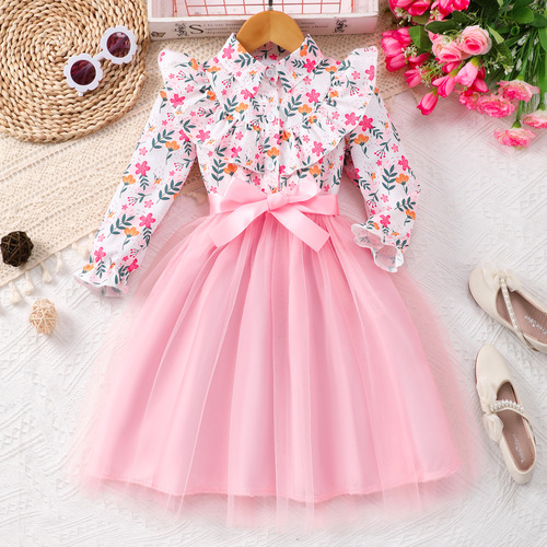 Spring and Autumn New Arrival Girls' Long-Sleeved Lapel Floral Printed Mesh Dress with Woven Belt—European and American Style Princess Dress for Girls