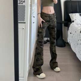 迷彩工装裤美式复古设计感多口袋宽松微喇直筒阔腿休闲裤户外