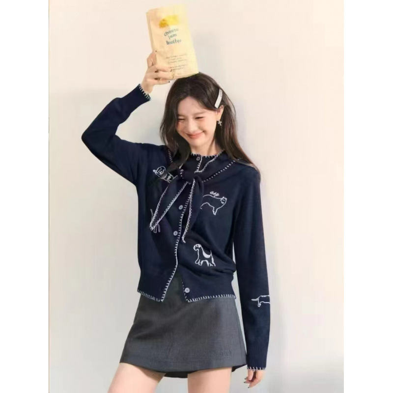 学院风针织开衫女韩系早秋穿搭小狗刺绣毛衣外套修身显瘦领带上衣|undefined