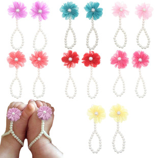 European and American Baby Ankle Anklet Children Chiffon Flower Pearl Shoes Baby Summer Sandals Newborn Photography Props