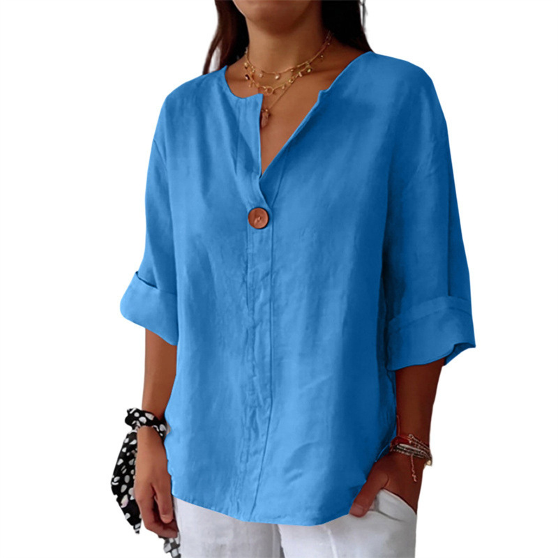 Women's Loose Fit V Neck 7/8 Sleeve Cotton Button Front Tunic Top – Casual Summer Blouse 2026_ecoleips.com