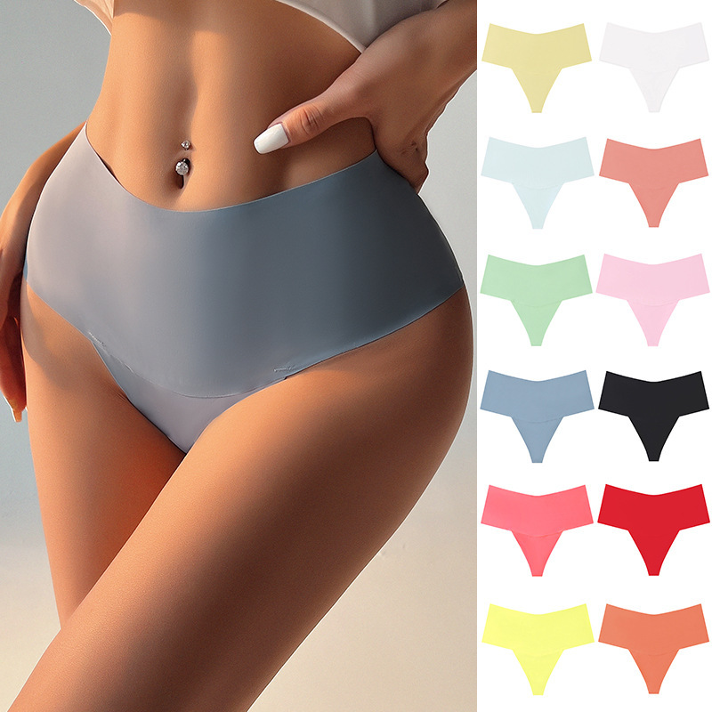 European and American Cross-Border Ice Silk Seamless Thong Pure Color Sports Breathable Sexy Seamless High-Waisted T-Pants Underwear for Women