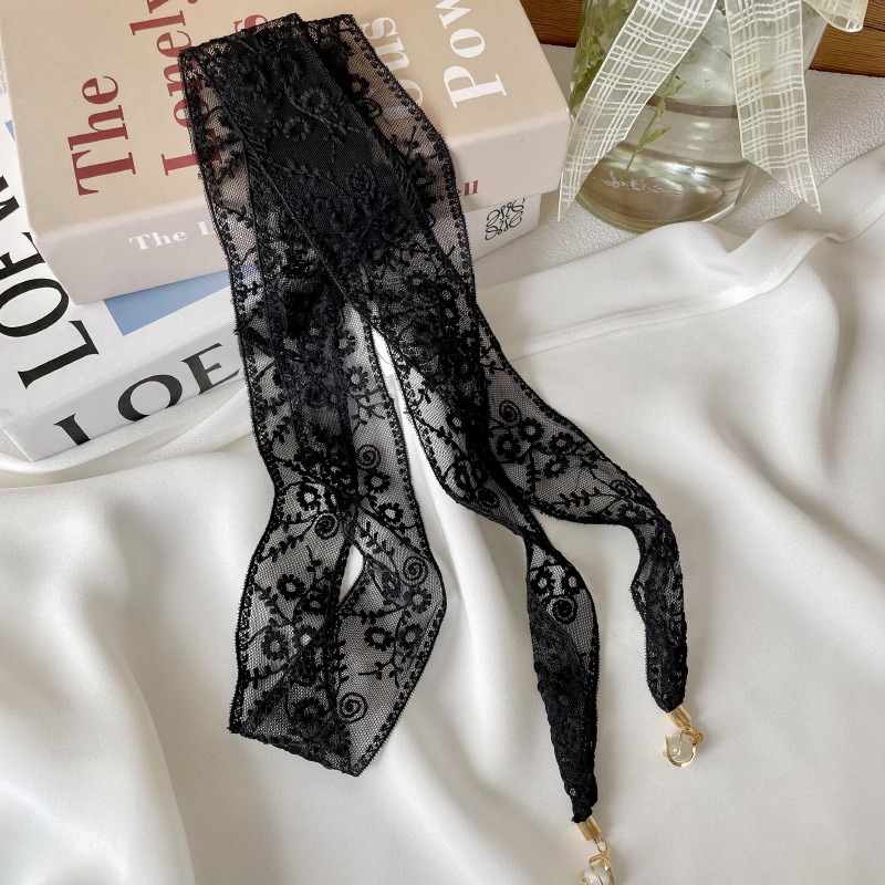 Pequeña correa de cabello personalizada nueva flor de encaje coreano decoración bufandas pequeñas bufandas delgadas colgante largo seda