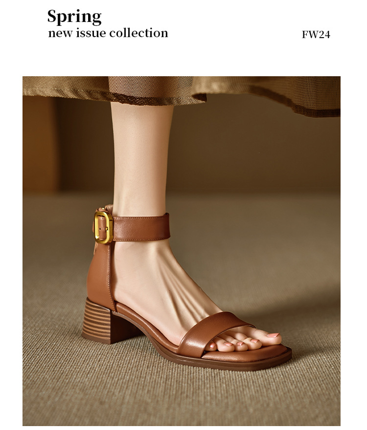Sandal quai ngang cổ điển kiểu Pháp gót thô 5 cm cho nữ đi làm — Màu nâu, Màu đen, Màu trắng chi tiết 15