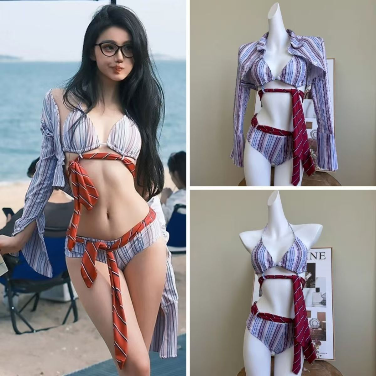 【犯規】夏日辣妹復古條紋純欲氛圍感比基尼度假分體泳衣學院風