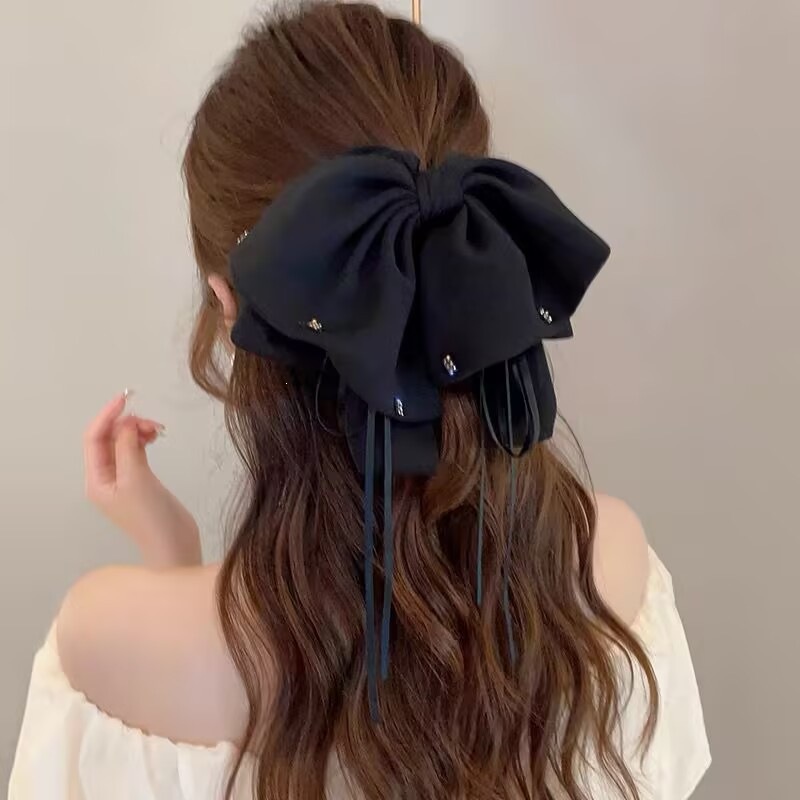 Satín de alta sensación, arco negro grande, clip de tiburón, toque de cabeza, clip de nube, clip de agarre, clip de cabello, tarjeta de cabello de mujer