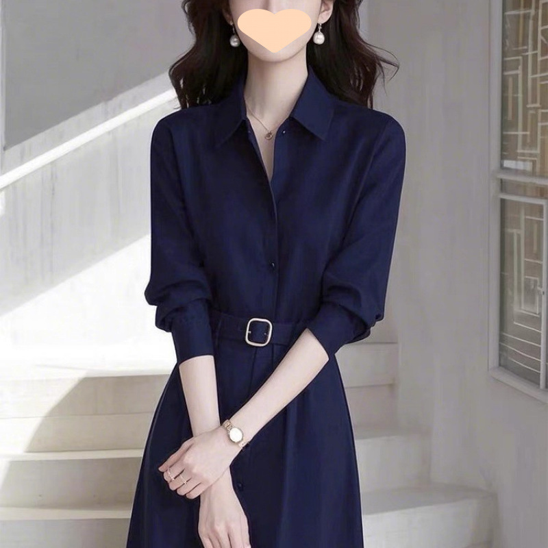 春季法式气质名媛高端女神范轻奢高级感正式场合蓝色衬衫连衣裙子|undefined