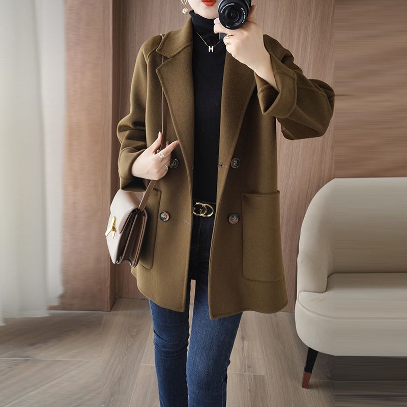羊毛双面呢绒羊毛大衣女士中长款双排扣显瘦秋冬季外套穿