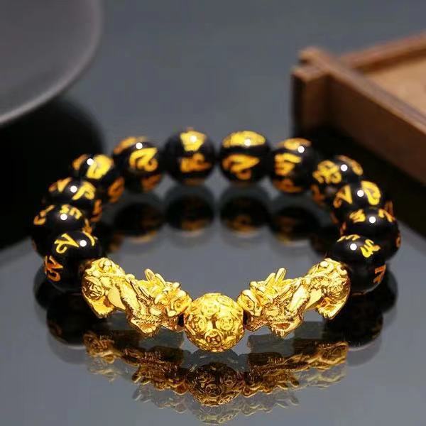 Imitación obsidiana pulsera chapada en oro mantra de seis palabras que preservan el color pulsera de cuentas de oro joyería de la suerte para los hombres
