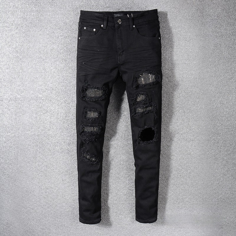 2023 Cross-Border American High Street Fashion Brand Black Ripped Jeans for Men with Rhinestones, Stretchy Slim-Fit Skinny Pants Trendy