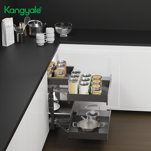 American Custom Kitchen Corner Basket Cabinet Push-Pull Double-Layer Spice Storage Basket Corner Rotating Snack Rack