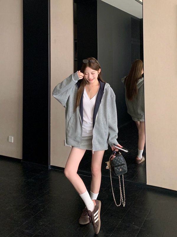 自家工厂现货 美式复古双拉链撞色连帽卫衣宽松休闲慵懒外套上衣|undefined