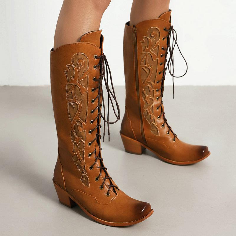 Western Cowboy Boots Women's Autumn and Winter Embroidered Thick Heel High Heel Front Lace Up Martin Boots Knee High Boots Women's High Boots