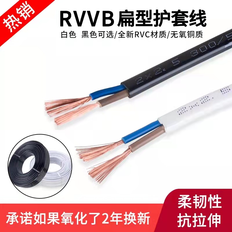 厂家批发RVVB两芯0.5/0.75/1.5/2.5平方无氧铜白色扁形电源护套线