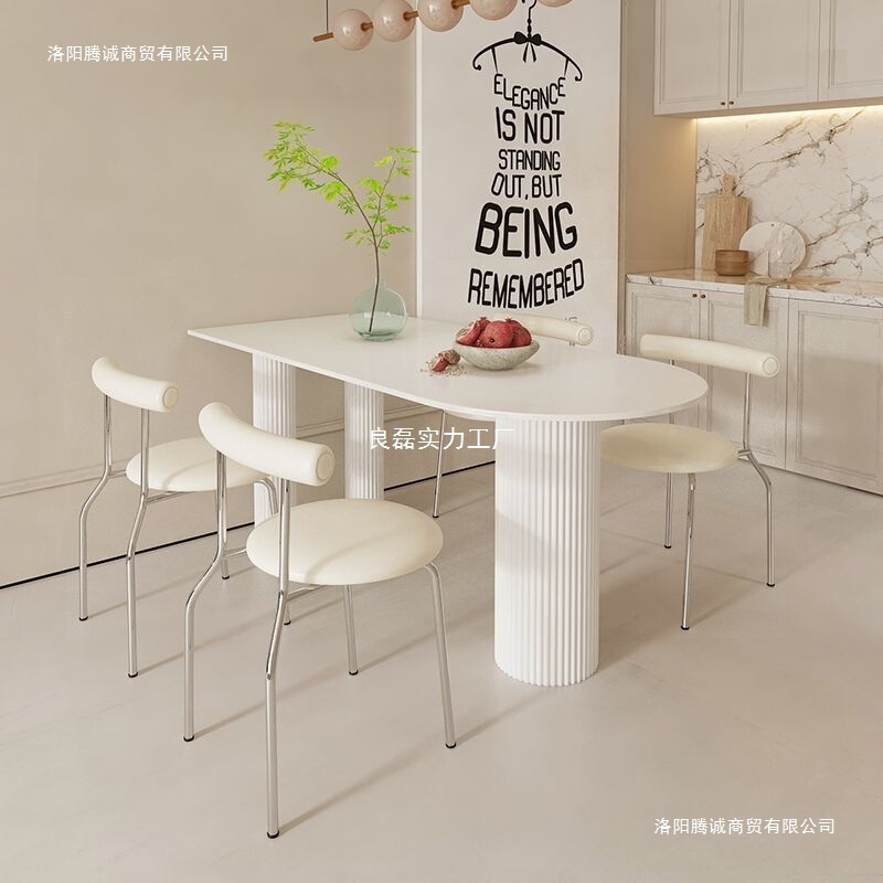 Cream Style Pure White Slate Dining Table and Chair Combination Modern Simple Small Apartment Household Semi-Circular Dining Table