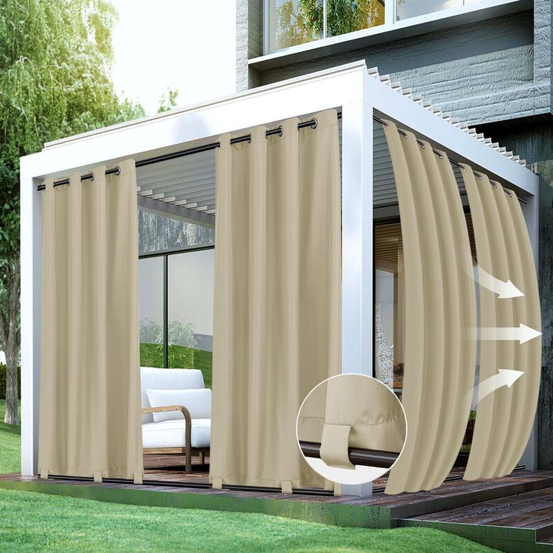 Cross-Border In-Stock Outdoor Waterproof Oxford Cloth Curtains with Perforated Top and Hanging Straps, Rainproof Curtains for Outdoor Porch and Courtyard