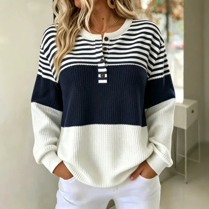 2026 European and American cross-border new style loose casual color-block striped Henley collar half-button long-sleeve waffle knit sweatshirt for women 2026 European and American cross-border new style loose casual color-block striped Henley collar half-button long-sleeve waffle knit sweatshirt for women