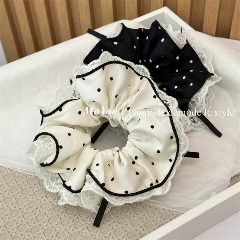 韩版新款法式黑白波点拼蕾丝蝴蝶结大肠发圈高级感气质头花扎头绳