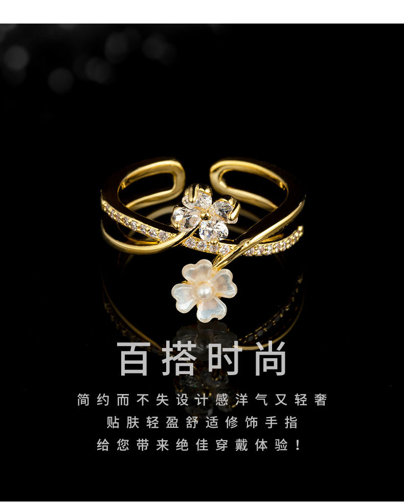 跨境时尚复古双排小花朵开口戒小众轻奢高级感食指戒新