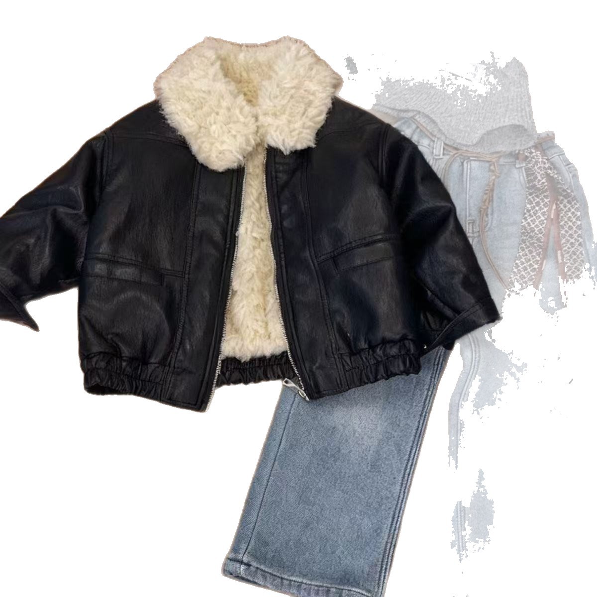 [en stock] chaqueta de cuero para niños y niñas, ropa de invierno, nueva chaqueta de piel negra y guapo, chaqueta de cuero de terciopelo para bebés
