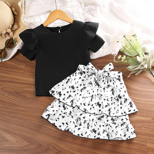Ladie's Set 2024 Summer New Ruffled Short-Sleeve Top and Floral Cupcake Skirt Two-Piece Cross-Border Children's Clothing Wholesale