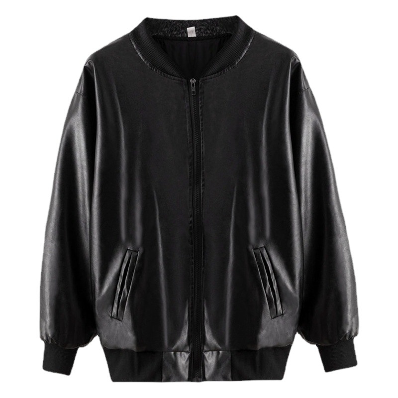 Spring and Autumn Korean New Style Elegant Pu Leather Short Baseball Jacket Loose Zipper Motorcycle Jacket Casual Top