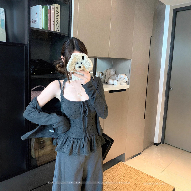 实拍 2025秋季韩版针织开衫女波点蝴蝶结绑带吊带打底衫两件套女|undefined