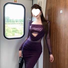 性感亮片网纱拼接长袖连衣裙女收腰显身材包臀鱼尾御姐风紫色长裙