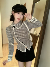 法式黑色格子娃娃领衬衫女装春季设计感收腰系带花边衬衣短款上衣