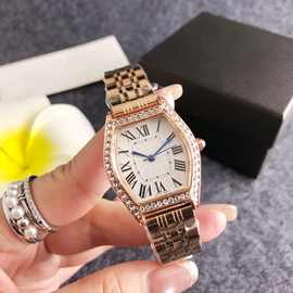 跨境爆款酒桶形满钻女士石英表罗马数字表盘钢带设计轻奢潮流腕表