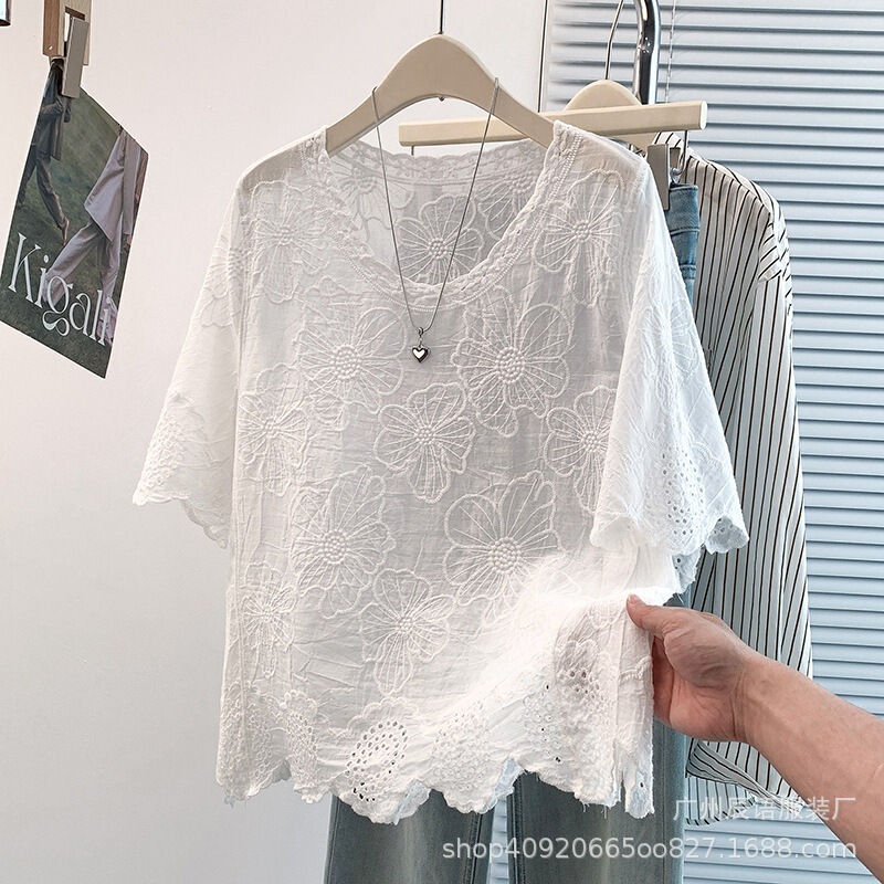 French Resort Style Three-Dimensional Lace Crochet Short-Sleeved Shirt for Women Summer Large Size Loose Thin Sun Protection Blouse Top