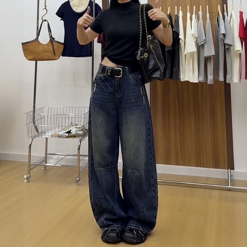 大码美式阔腿牛仔裤女秋季2025新款复古胖mm显瘦宽松直筒弯刀裤子|undefined