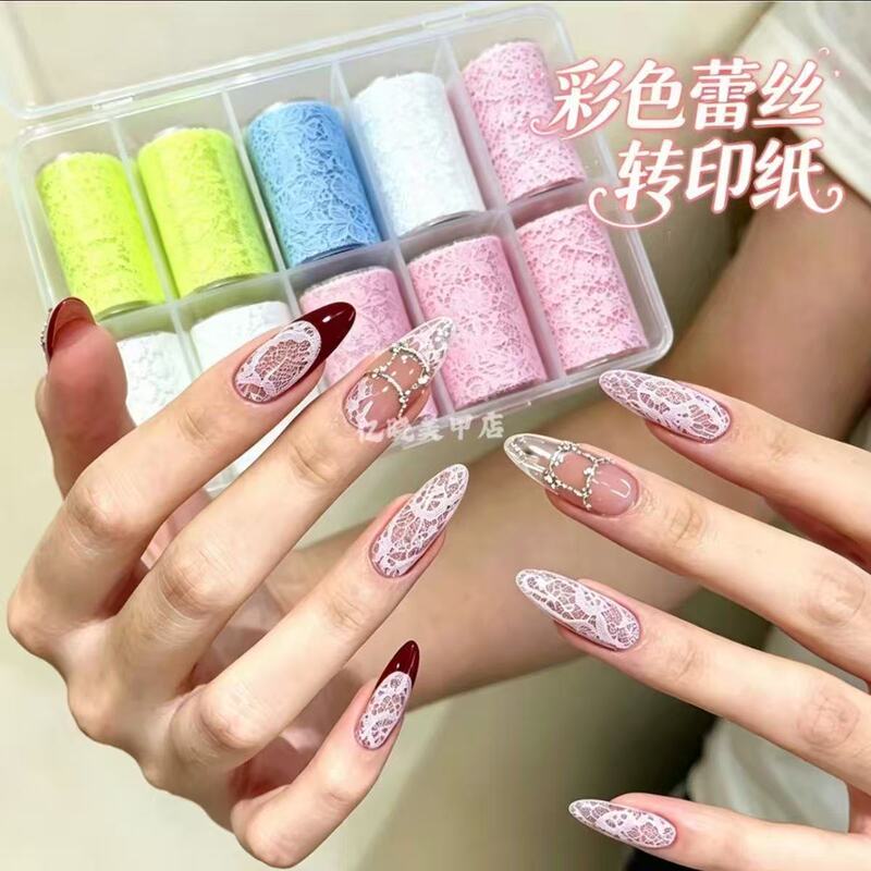 New Retro Colorful Lace Nail Art Transfer Paper 10-Grid Mixed Pack French Style Pure Desire Nail DIY Decoration Wholesale