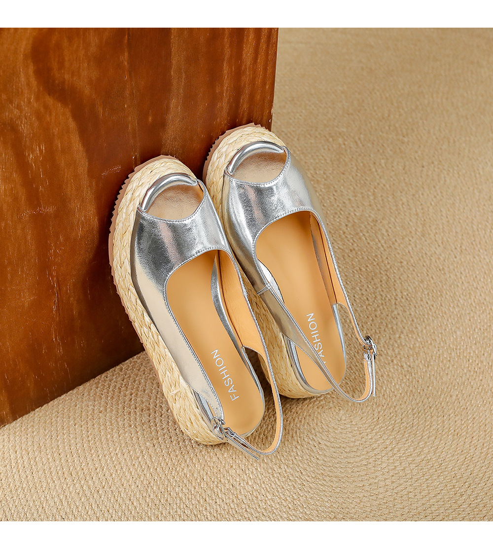 Sandal cao gót nữ mũi hở đế xuồng đan rơm — màu vàng, bạc chi tiết 15