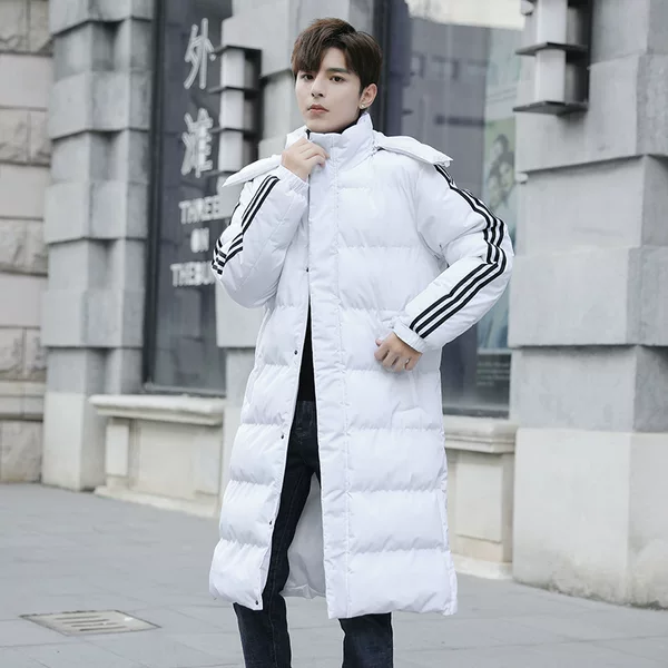 Outdoor sports cotton coat, extra-long men's over-the-knee cotton jacket, three-stripe cotton coat, training windproof warm jacket, lightweight