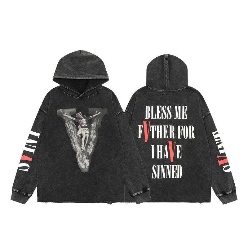 American High Street Autumn and Winter Trendy Letter Printed Hooded Sweatshirt Washed and Distressed Retro Style Loose Hoodie for Men and Women Trendy