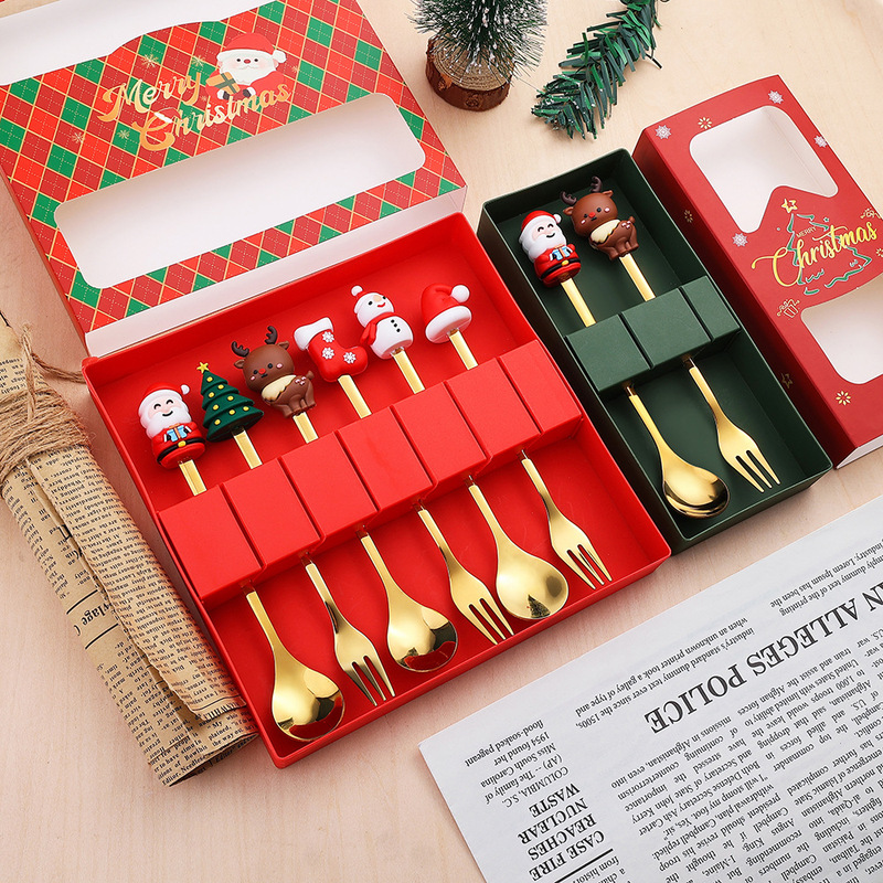 Cross-border Christmas Spoon Fork Stainless Steel Tableware Cartoon Spoon Fork Elk Spoon Dessert Spoon Fork Christmas suit
