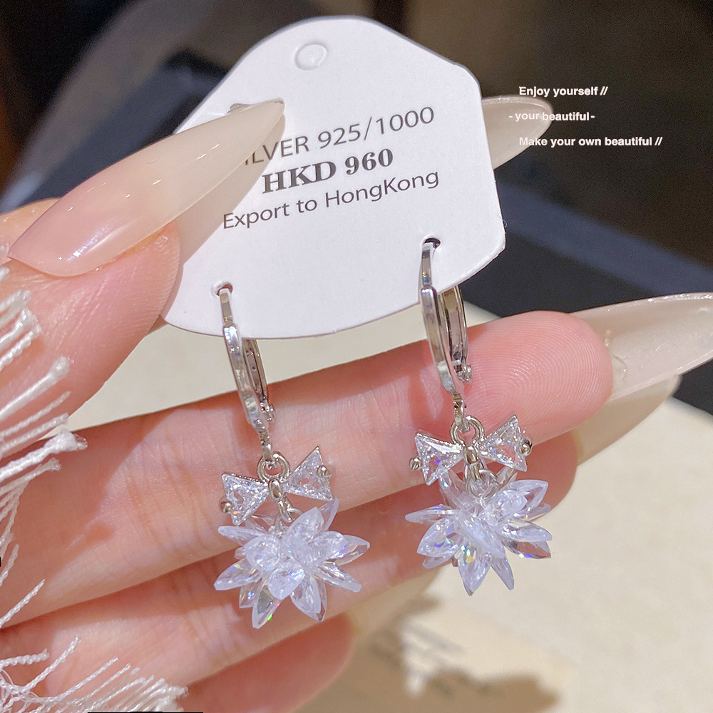 S925 aguja de plata moda diamante lleno de pendientes de borla súper flash ligero lujo de alta calidad pendientes de perlas temperamento todo-fósforo mujer