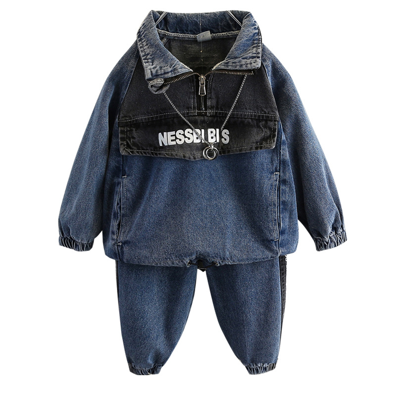 5982 Traje de mezclilla para niños Primavera y otoño 2024 Nuevo estilo de estilo occidental Ropa de calle frita para bebés Traje de dos piezas de otoño para niños