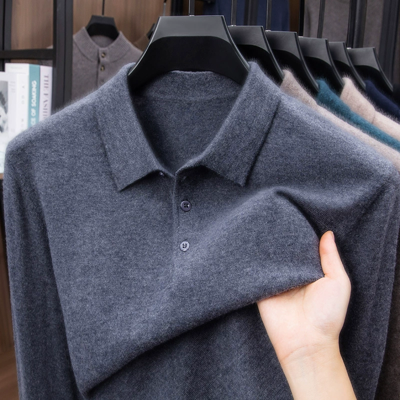 抗起球羊毛100%加厚羊毛衫通勤翻领纯色保暖高档毛衣男爸爸装内搭